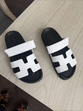 Hermes Black and White Oran Slide Sandals